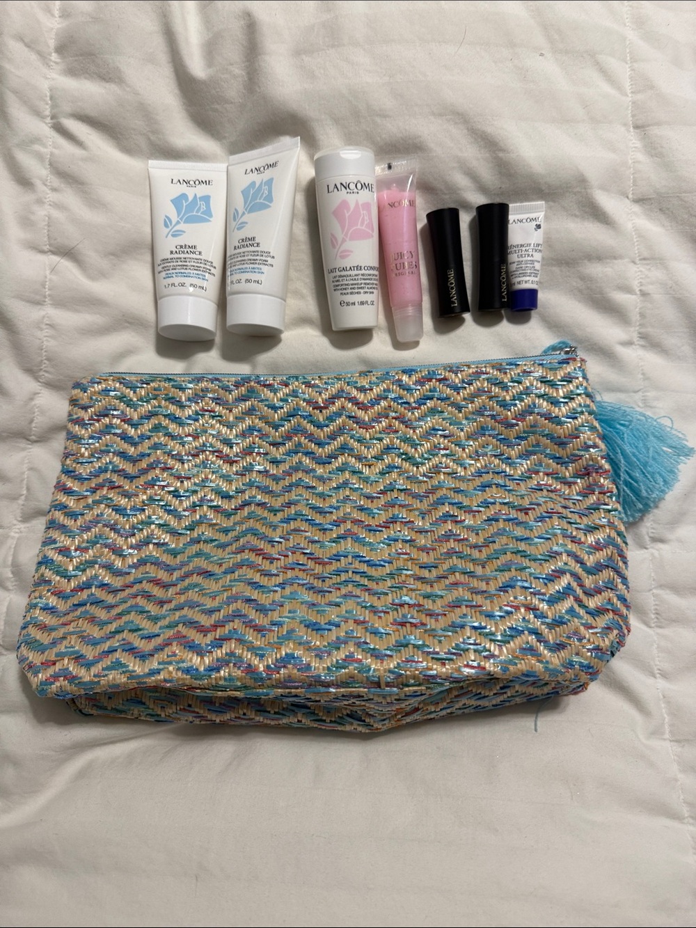 NWT - Lancome - Travel Beauty Set with Light Blue Patterned Pouch
